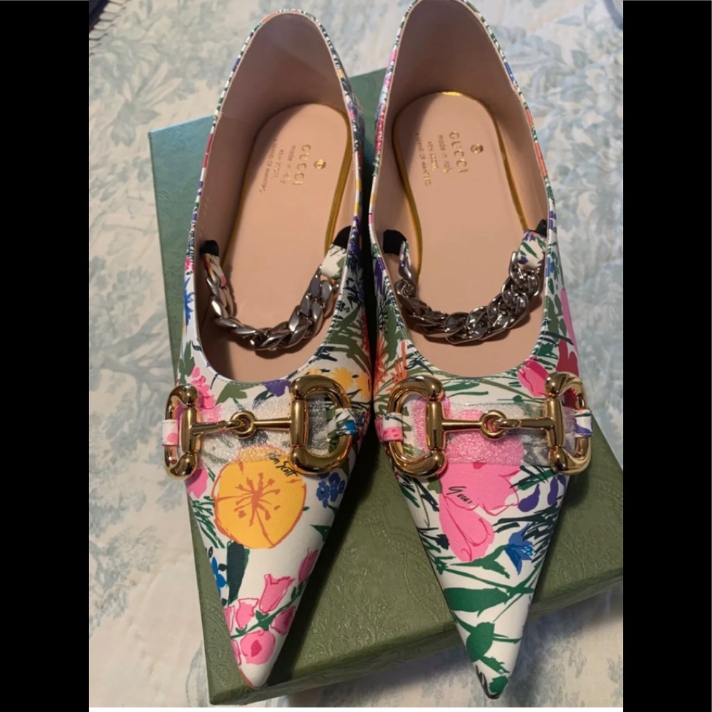 Gucci Ken Scott Infinity Giardino Gold Horsebit/Silver Chain Ballet Shoes EU37